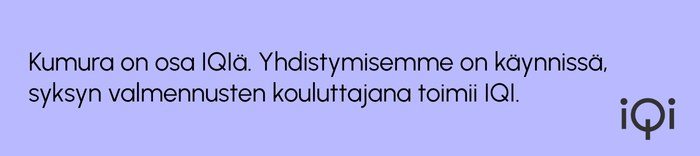 Banneri: Kumura on osa IQIä. Yhdistymisemme on käynnissä, syksyn valmennusten kouluttajana toimii IQI.